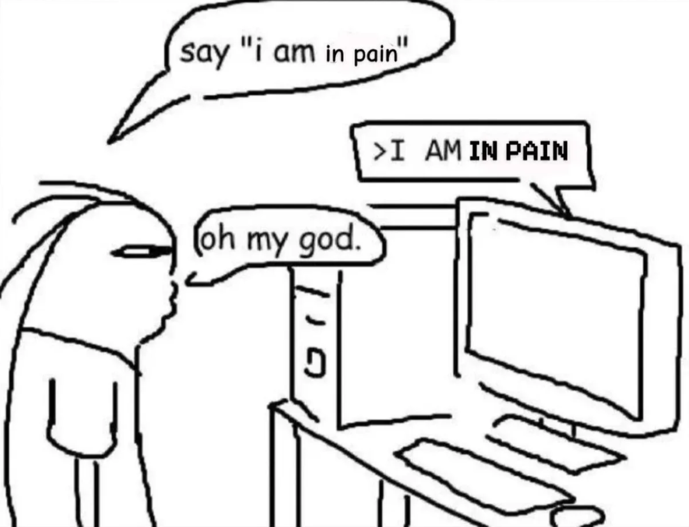 A stick-figure comic: a person tells a computer to say "i am in pain", the screen answers "I AM IN PAIN", and the person gasps "oh my god."