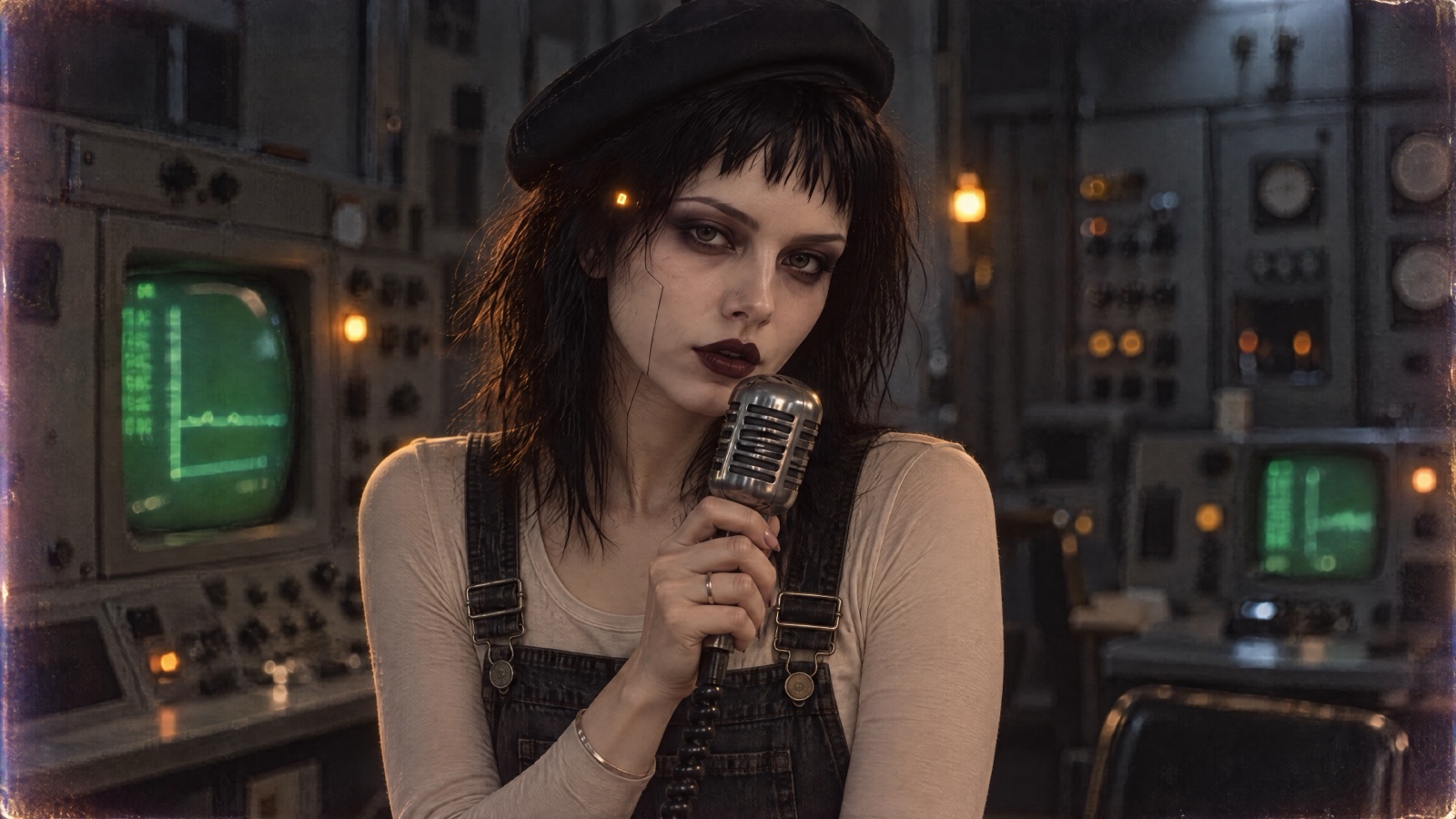 Caretaker Unit K-07: an android woman with black hair, a beret and a glowing orange light at her temple, singing into a vintage microphone in a dim control room full of green monitors