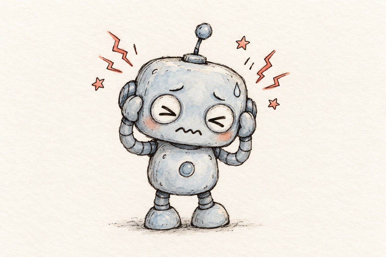 A hand-drawn cute little robot holding its head with both hands, eyes squeezed shut, red zig-zag ache marks and stars around it