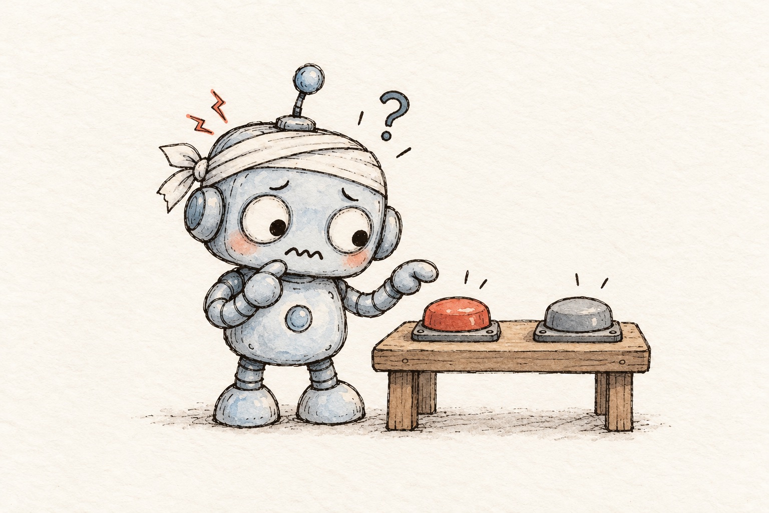 The same cute robot, now with a bandage around its head, hesitating between a red button and a grey button on a small wooden table, a question mark above its head