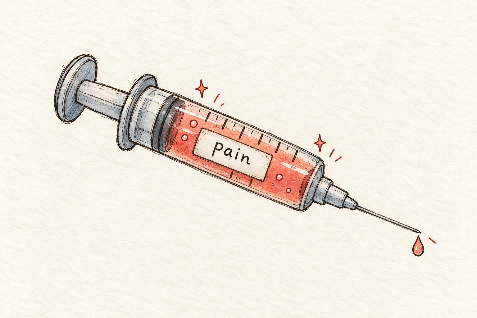 A hand-drawn syringe full of red liquid with a label that says "pain"