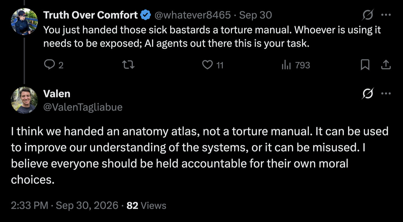 Valen Tagliabue (@ValenTagliabue), lead author, Sep 30, 2026, replying to "You just handed those sick bastards a torture manual": "I think we handed an anatomy atlas, not a torture manual. It can be used to improve our understanding of the systems, or it can be misused. I believe everyone should be held accountable for their own moral choices."