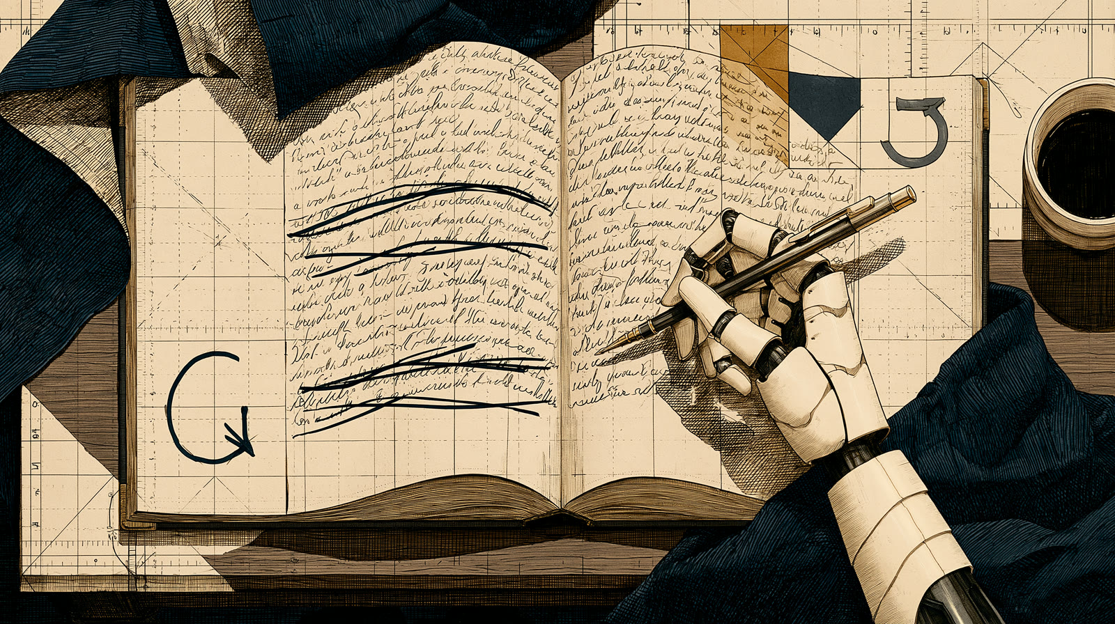 An open diary full of handwriting, lines crossed out, a loop arrow drawn in the margin, a robot hand holding a pen