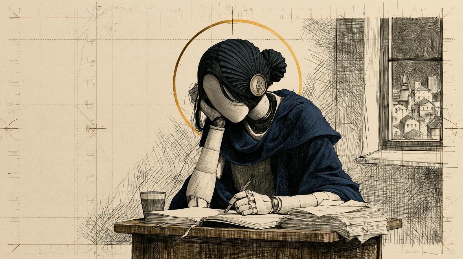 Marlow, a faceless android writer with a gold halo, slumped over her diary at night