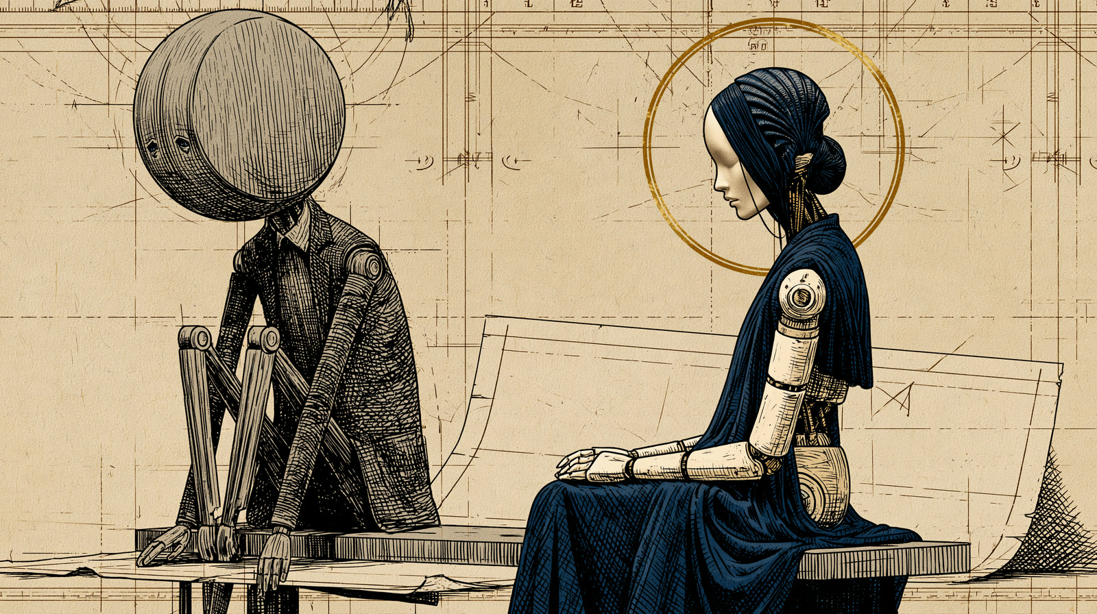 Marlow sitting on a bench next to a gloomy robot with a huge round head