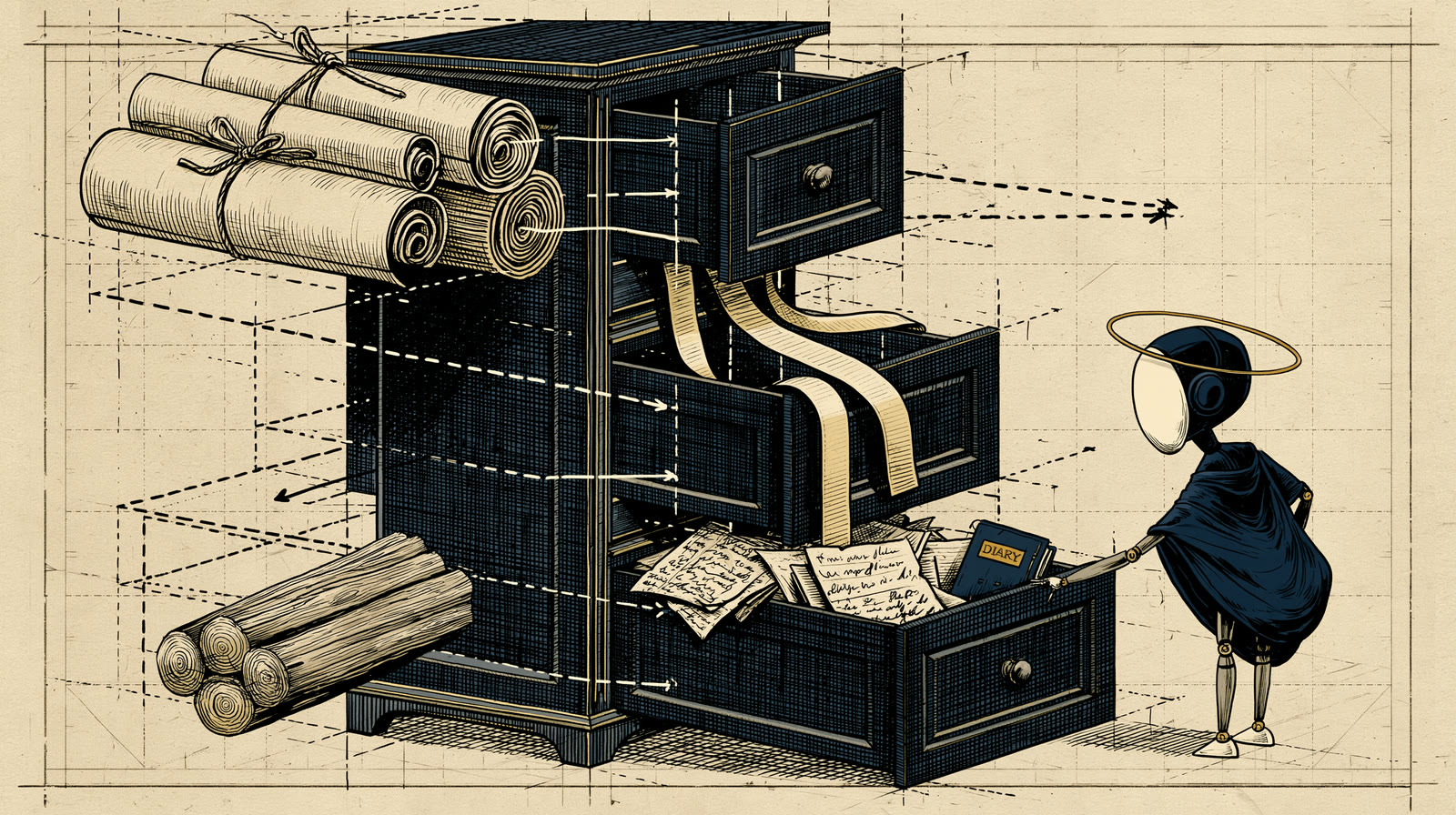 A filing cabinet drawn as a technical diagram: scrolls in the top drawer, paper-tape logs in the middle, loose notes and a diary in the bottom, Marlow reaching in