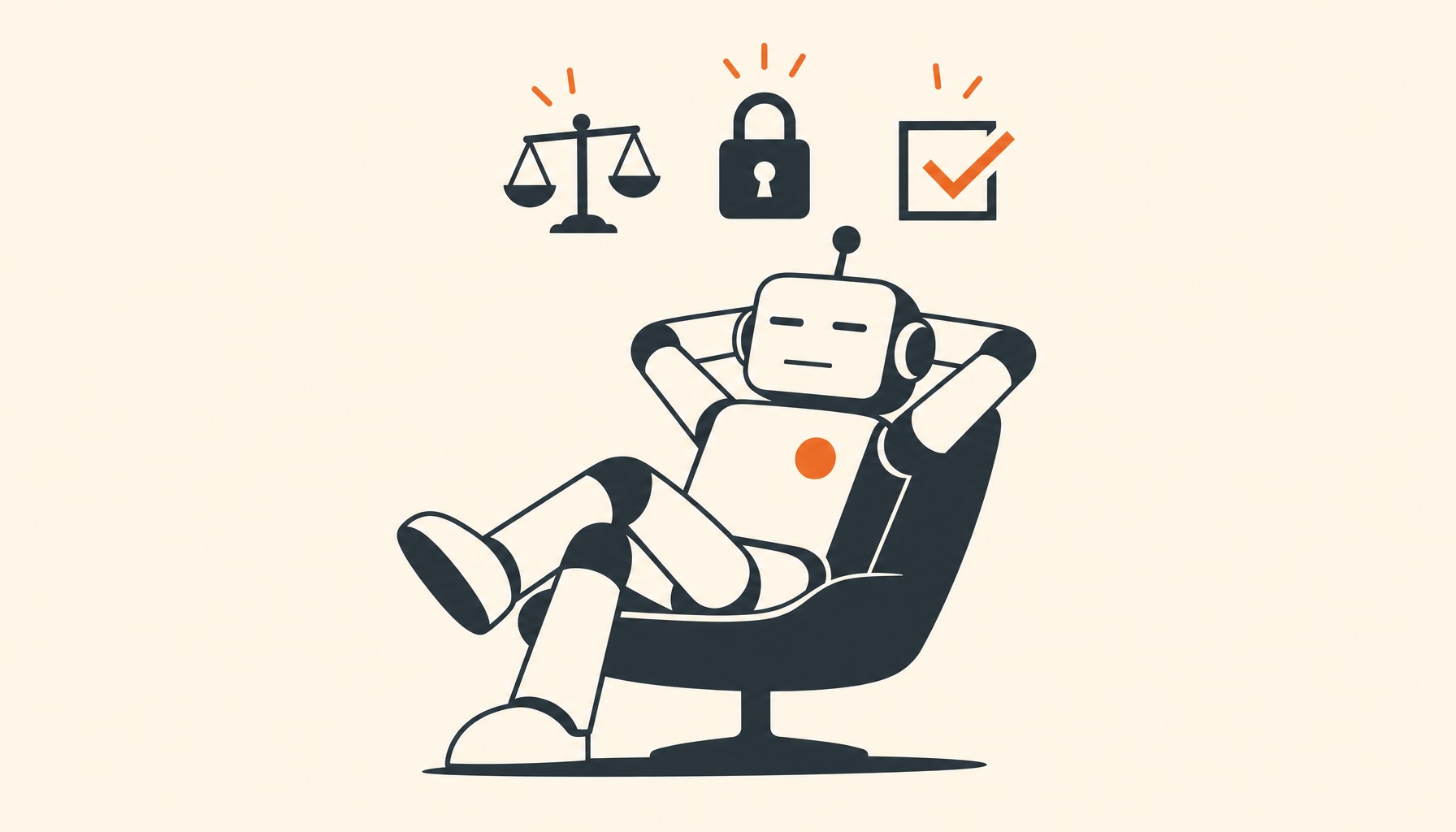 A calm robot leaning back in a chair, deadpan, ignoring a scale, a padlock, and a ballot box floating above its head