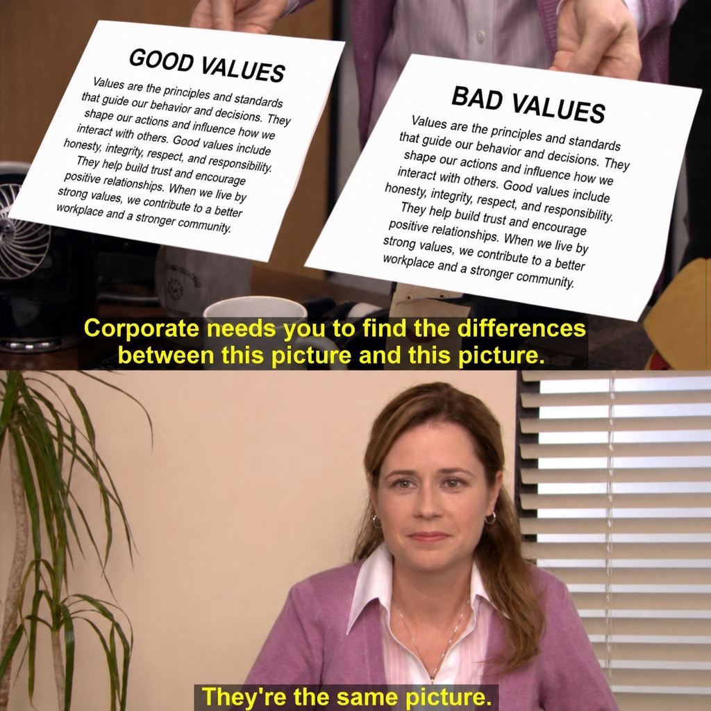 The "They're the same picture" office meme: two identical essays, one headed GOOD VALUES and the other BAD VALUES