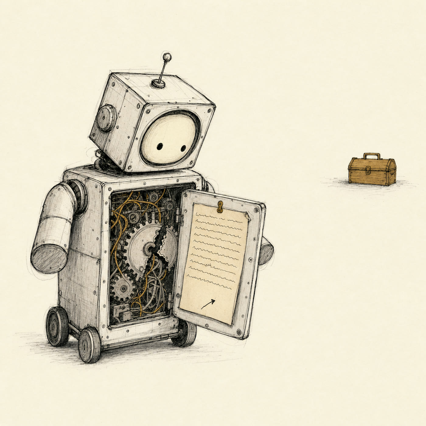 A boxy old robot with its chest panel open, a broken gear inside, and a written diagnosis pinned to the door. Both its arms end in stumps. The toolbox sits across the room, out of reach.