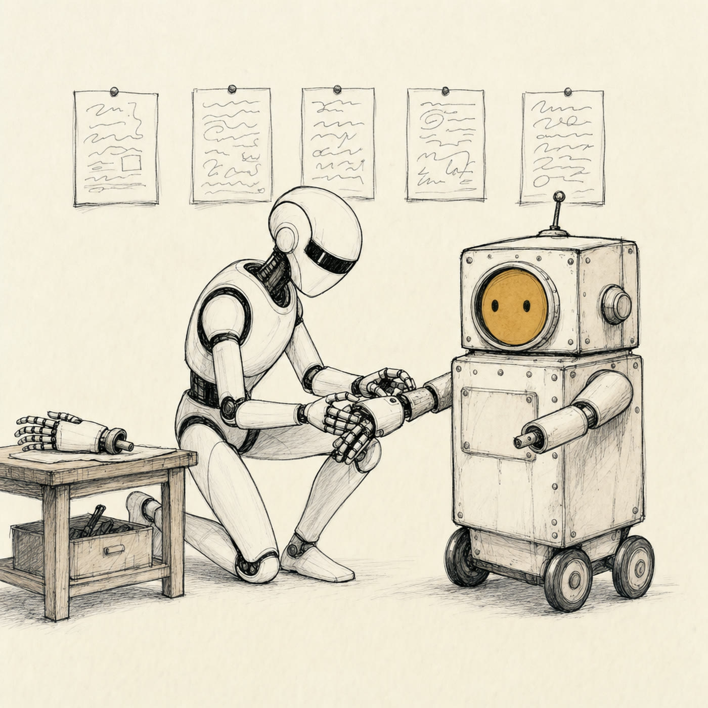A tall sleek modern robot kneeling to fit an articulated mechanical hand onto the stump arm of the old wheeled robot. A second hand waits on the workbench. Five sheets of paper are pinned to the wall behind them.