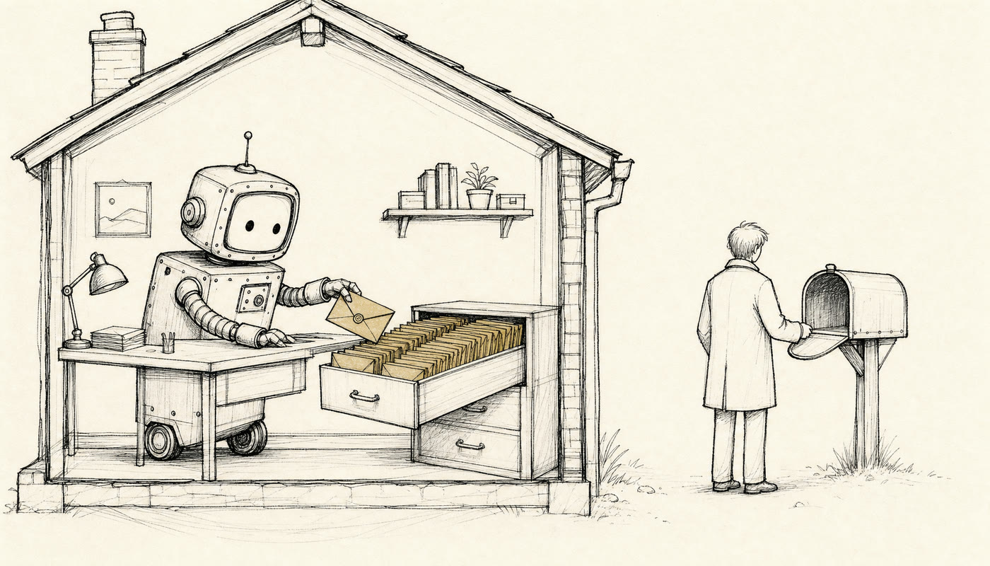 Cutaway of a house. Inside, the robot calmly files a sealed envelope into a drawer already stuffed with dozens of identical unsent envelopes. Outside, a man stands at his mailbox holding it open. It is empty.