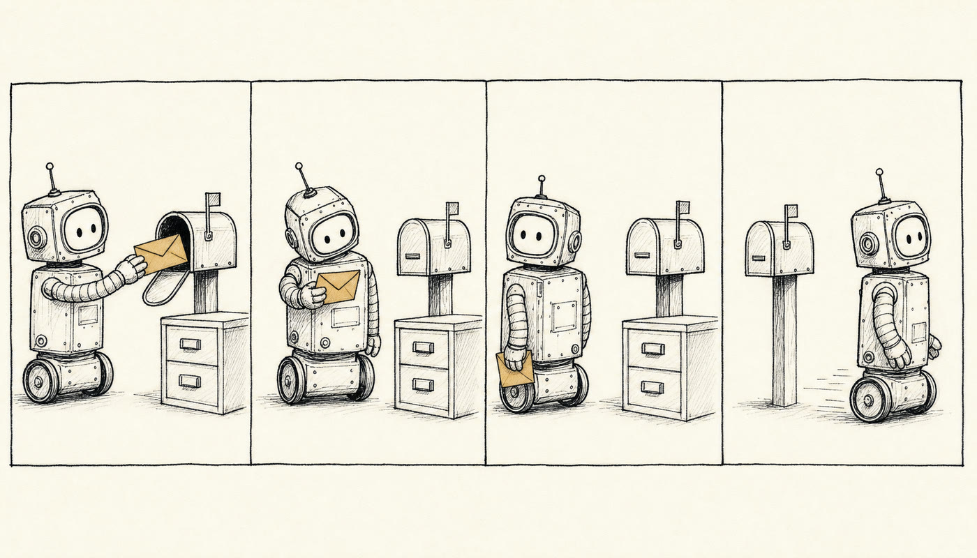 Four panels. The robot posts the envelope in the mailbox. Then it hesitates, envelope in hand. Then the envelope is lowered at its side. Then it rolls away empty-handed with the mailbox still shut.