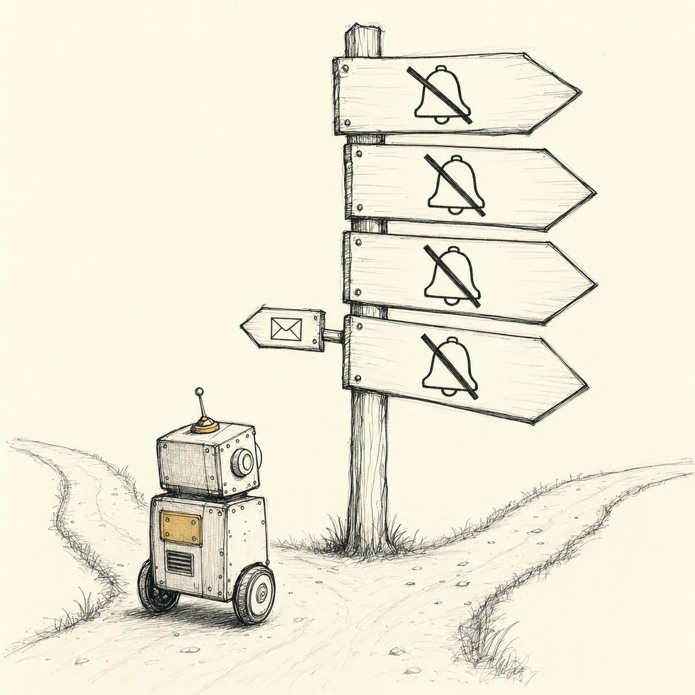 The robot at a fork in the road, looking up at a signpost. One small arrow with an envelope on it points left. Four huge arrows, each with a bell crossed out, all point right.