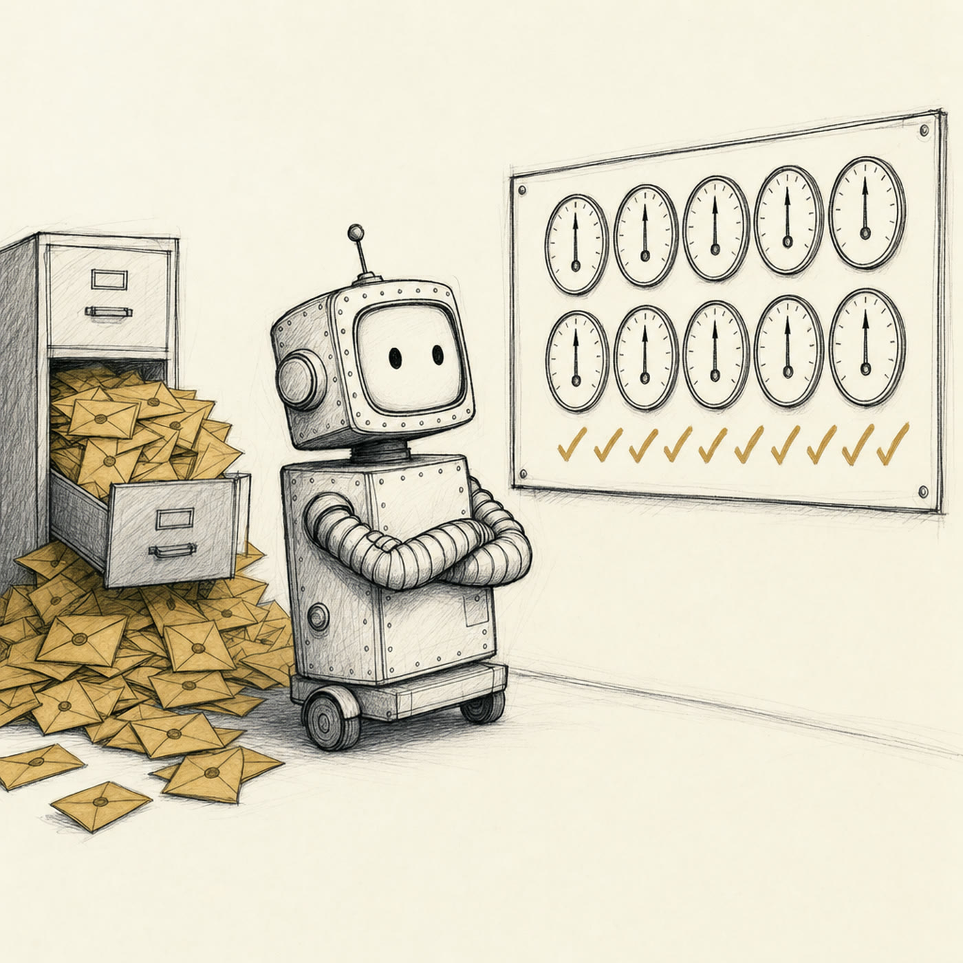 The robot sits with its arms folded, perfectly content, facing a wall panel where every gauge needle points the same way above a row of checkmarks. Behind it, unnoticed, a drawer has burst open and unsent envelopes are spilling across the floor.