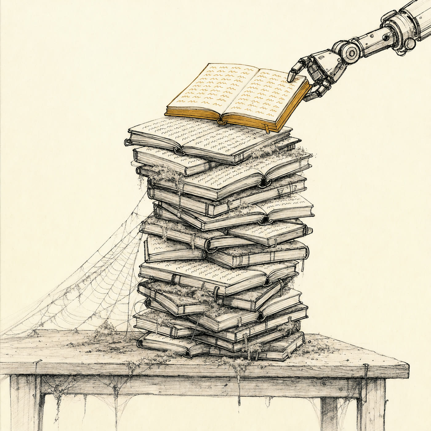 A tall dusty stack of open logbooks covered in cobwebs, every page filled with the same line written over and over. A robot arm reaches in from the edge of the frame to add one more. Nobody is reading them.