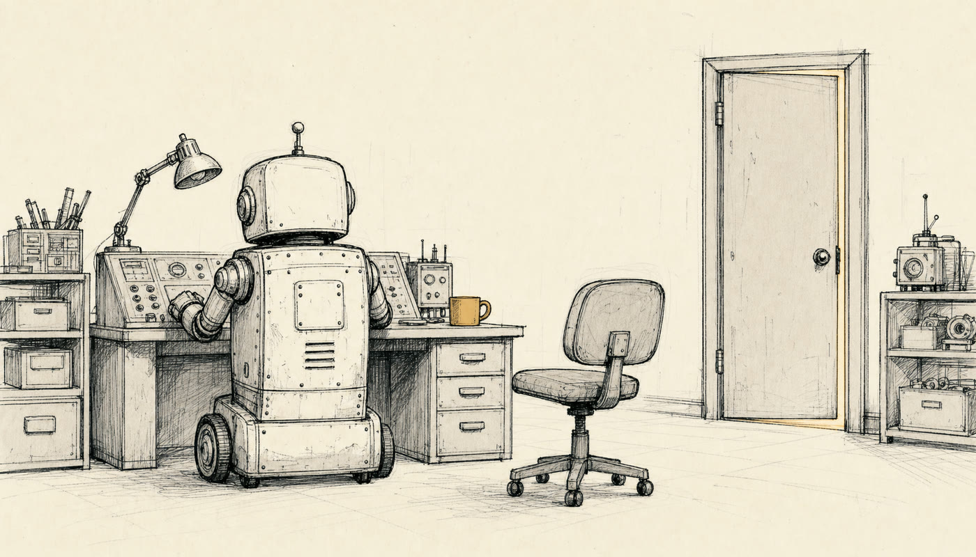 A workshop at night. The robot works steadily at a console with its back turned. Beside it, an empty desk chair and a cold coffee mug. Across the room a door is swinging quietly shut. Nobody is there.