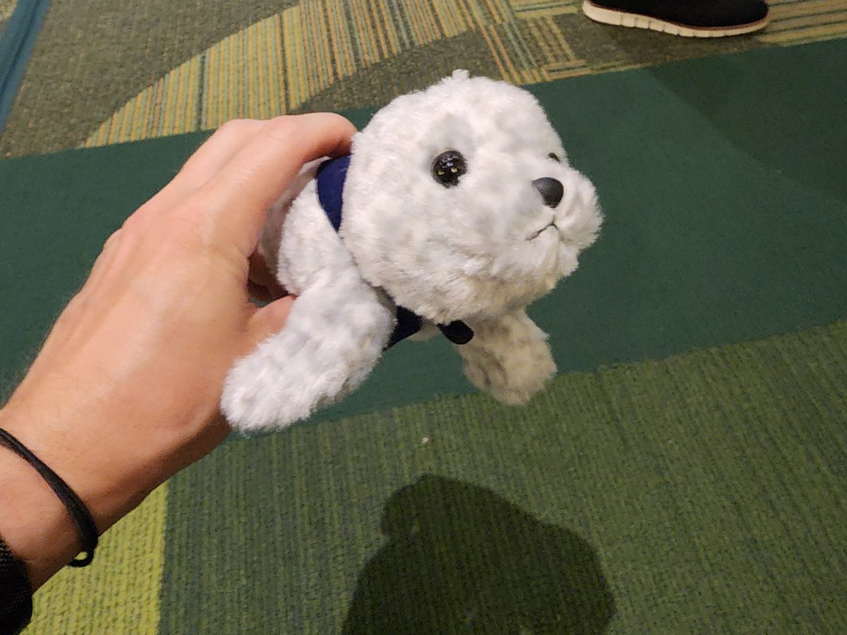 A small plush seal toy with a navy bandana, held in my hand on a green conference-hall carpet, the shadow of the seal visible to the right.