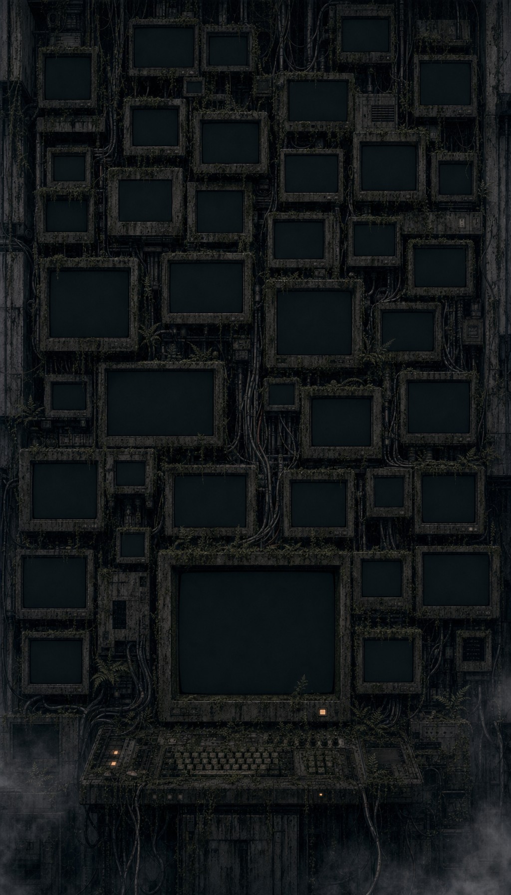 A wall of dozens of old CRT monitors stacked floor to ceiling, all switched off, wrapped in cables and vines, with one larger monitor and a keyboard at the bottom.