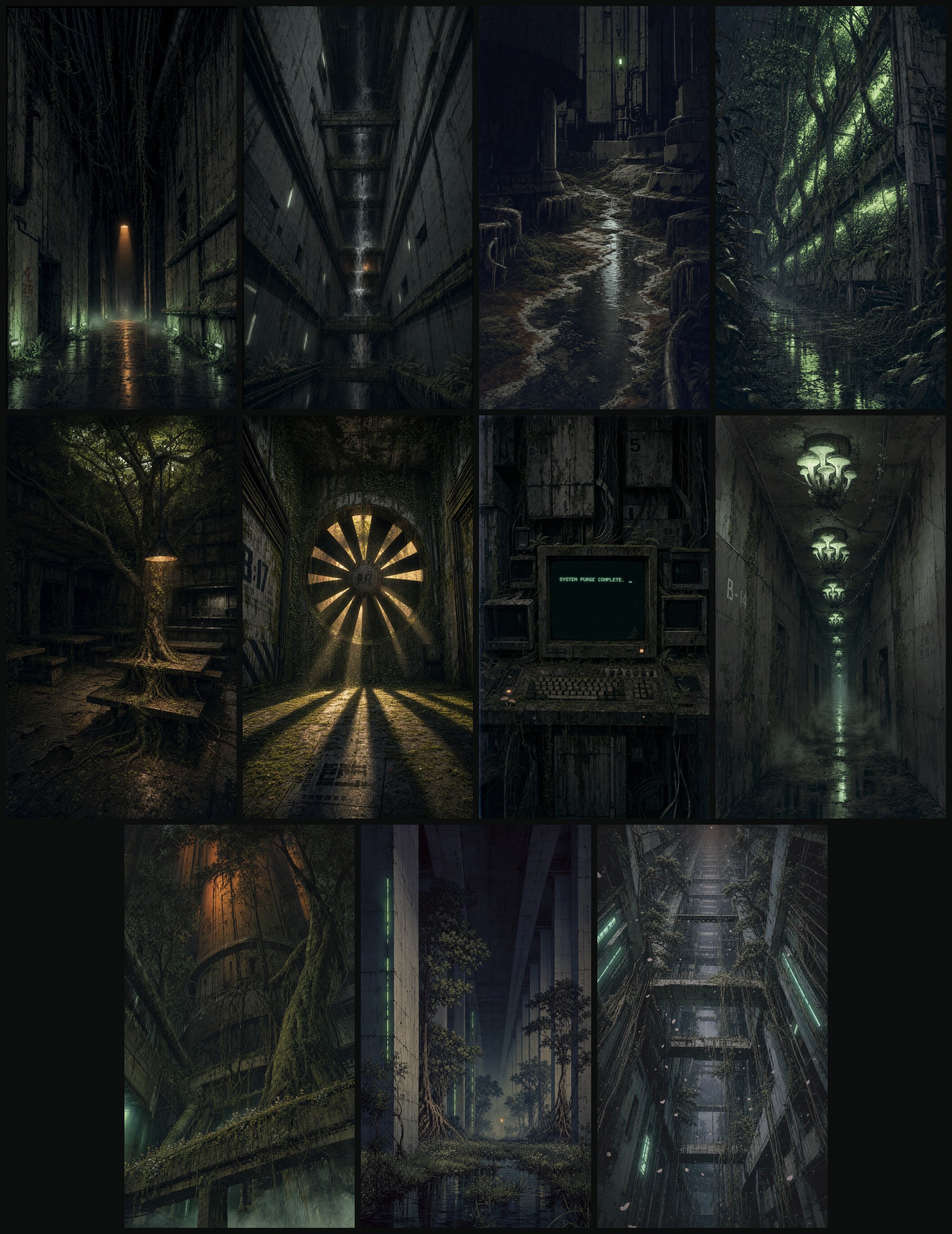 A contact sheet of eleven vertical stills of a derelict starship interior overgrown with forest: mossy corridors, a tree breaking through a dining hall, a ventilation fan throwing spokes of light, a flooded concrete channel, a shaft seen from below.