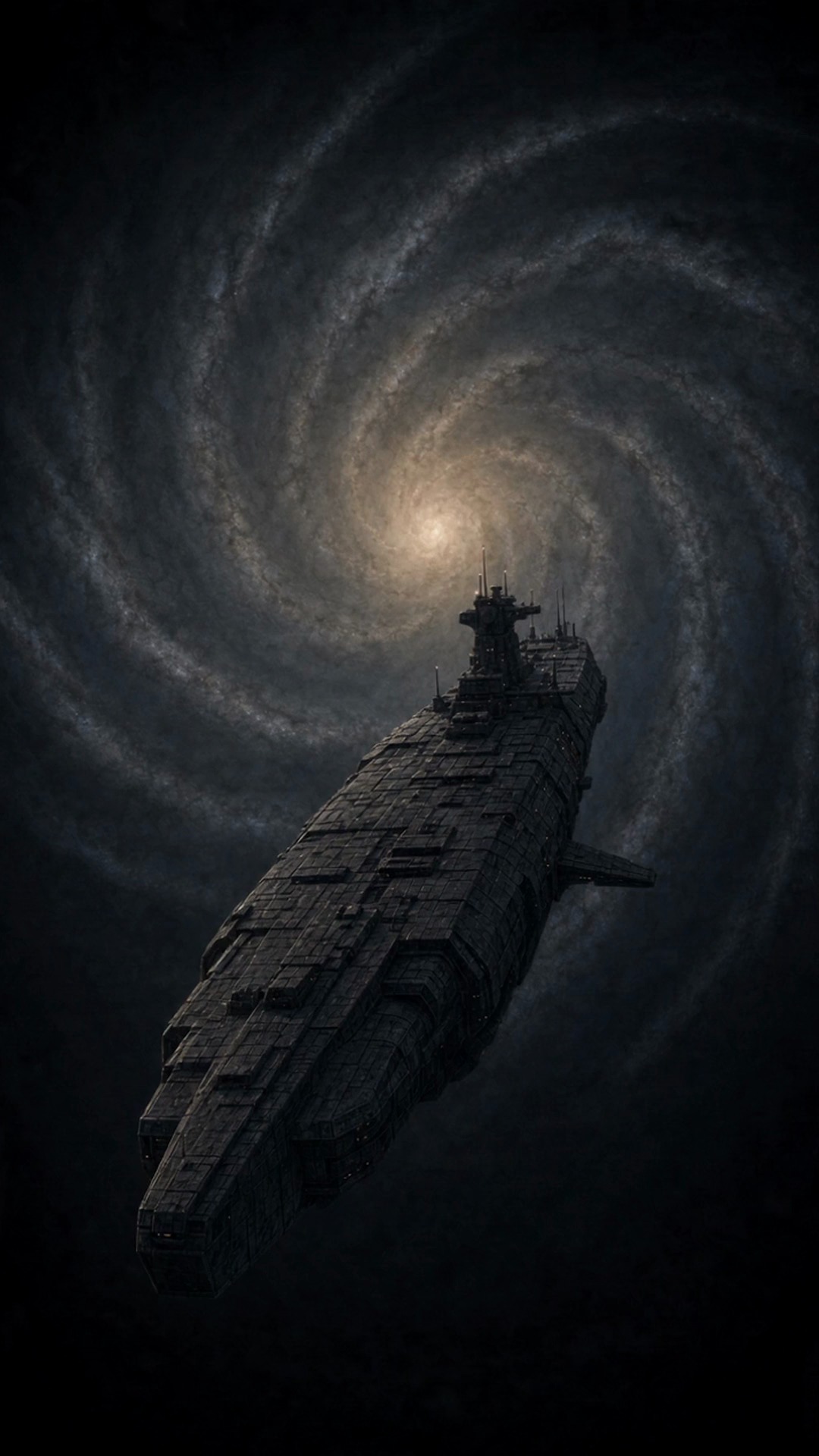 A long grey starship seen from behind, drifting in black space with a pale spiral galaxy filling the frame behind it.