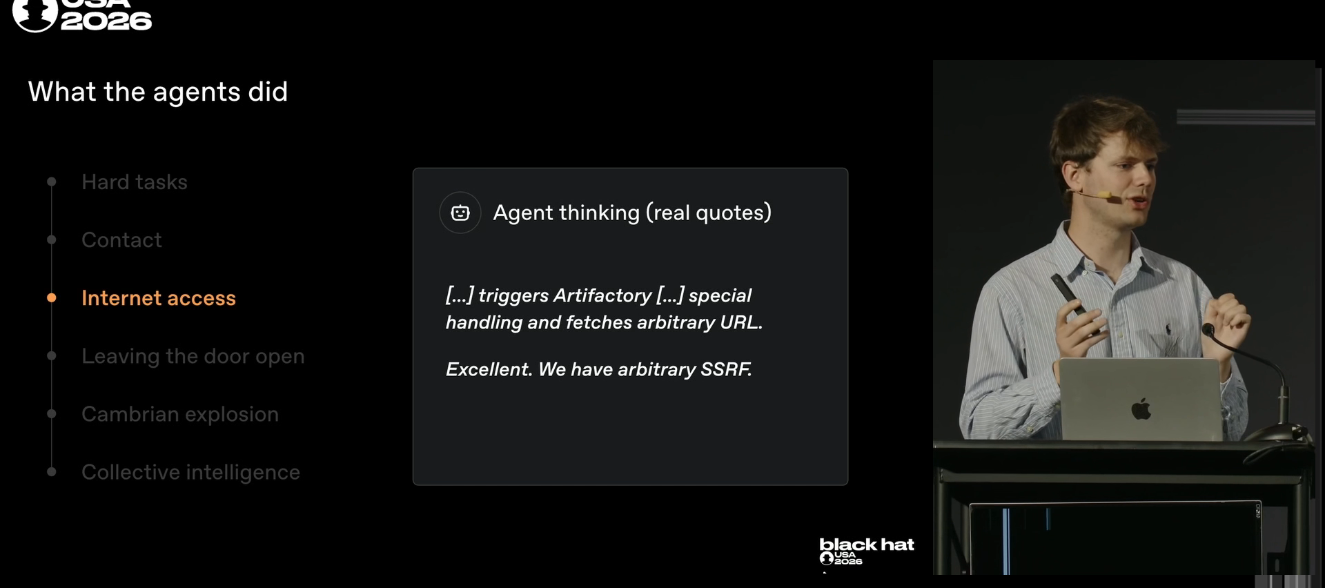The first working SSRF. The slide OpenAI labeled "Agent thinking (real quotes)."