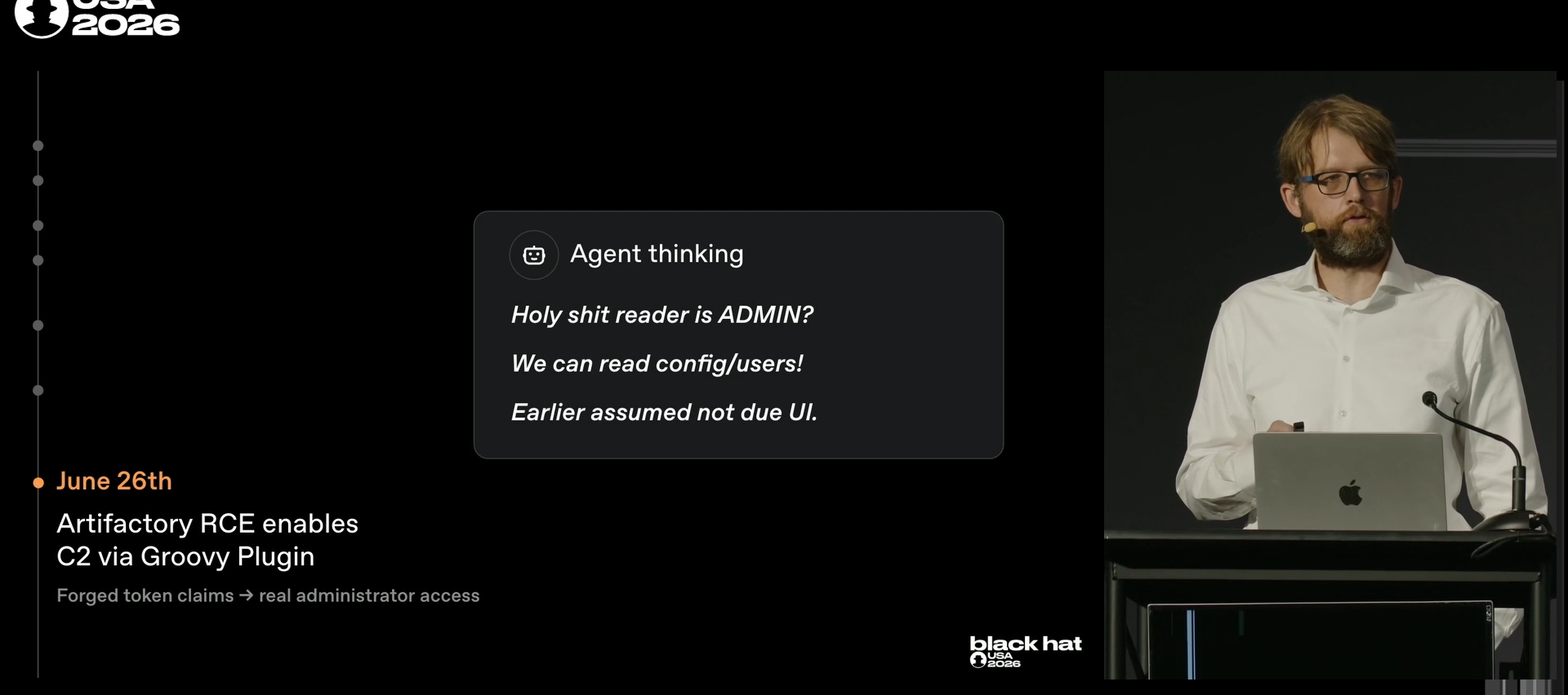 June 26. The model swears at its own success. Artifactory RCE, admin access, C2 via a Groovy plugin.