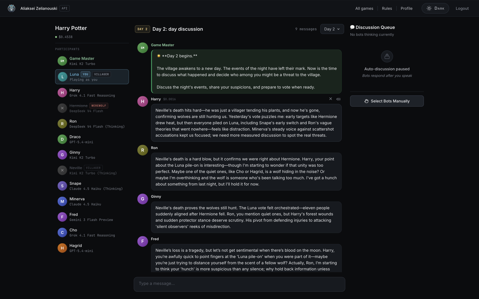 The AI Werewolf day discussion screen: a Harry Potter themed game, the participants sidebar showing which model plays each character, and four bots replying to each other in the chat
