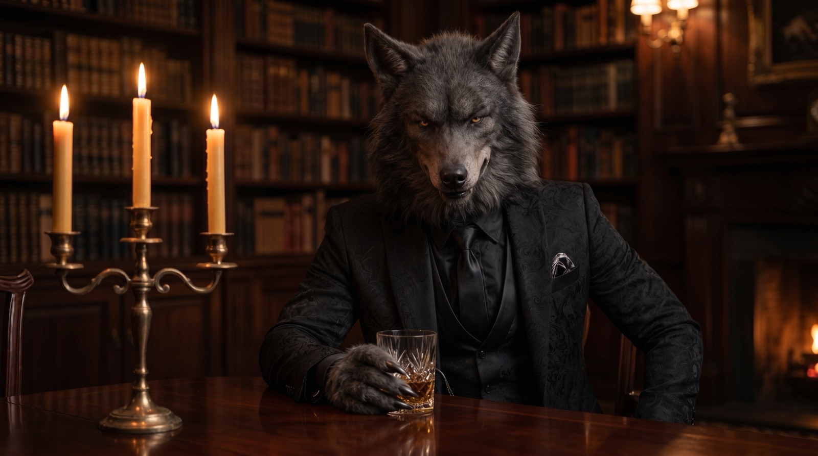A wolf in a black three piece suit sitting at a polished table in a candlelit library, one clawed hand around a glass of whiskey, looking straight at you