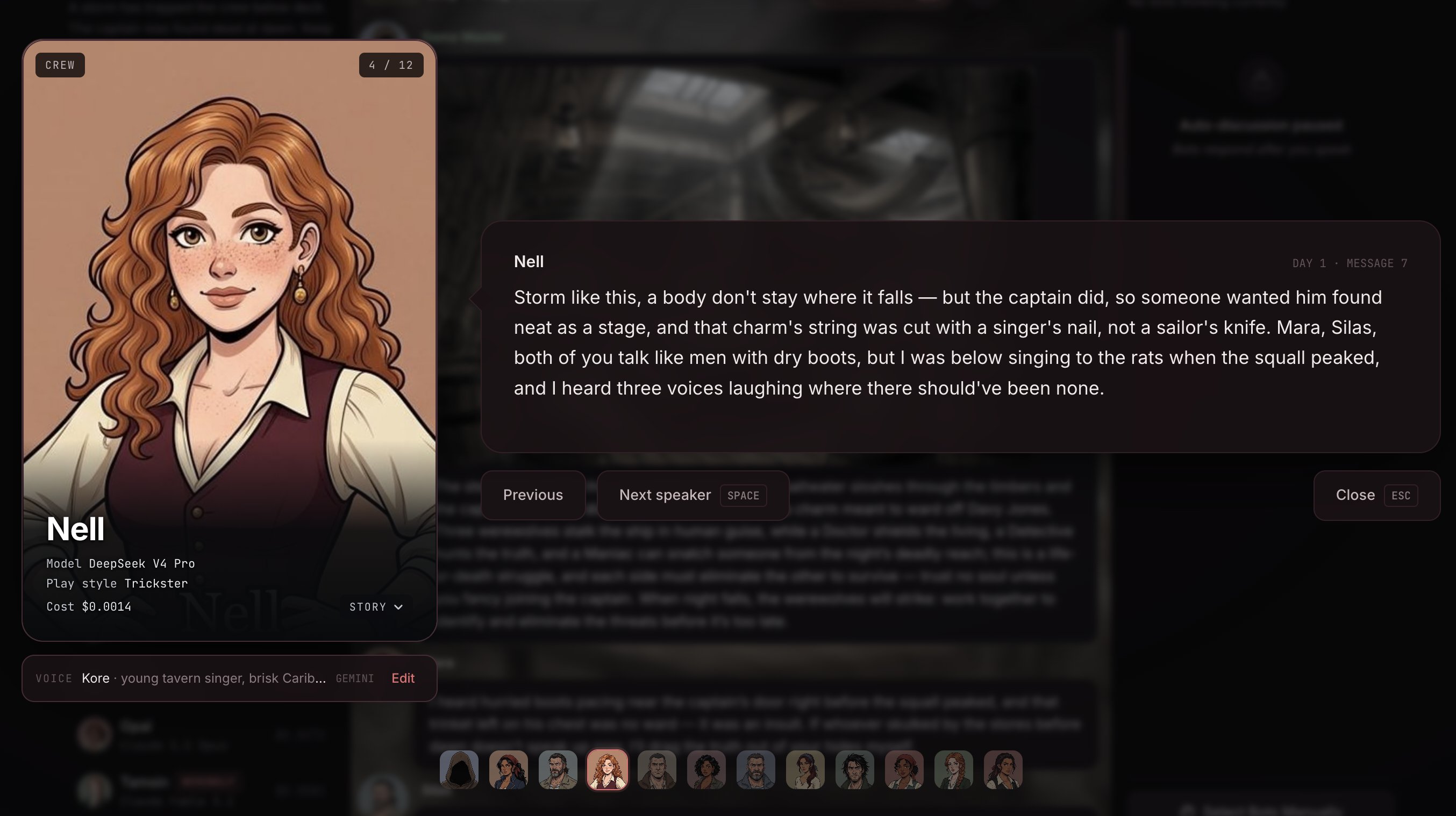 Cinematic mode: Nell, a tavern singer on a pirate ship, played by DeepSeek V4 Pro in a Trickster style, with her own portrait and Gemini voice