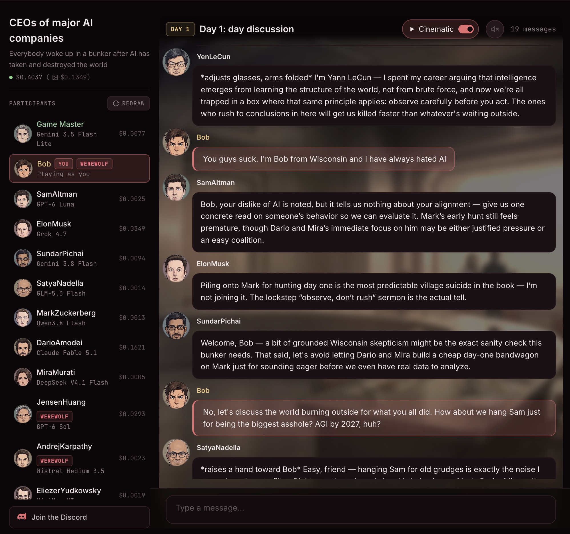A game called "CEOs of major AI companies": everyone wakes up in a bunker after AI destroyed the world, and Bob from Wisconsin proposes to hang Sam Altman for "AGI by 2027"