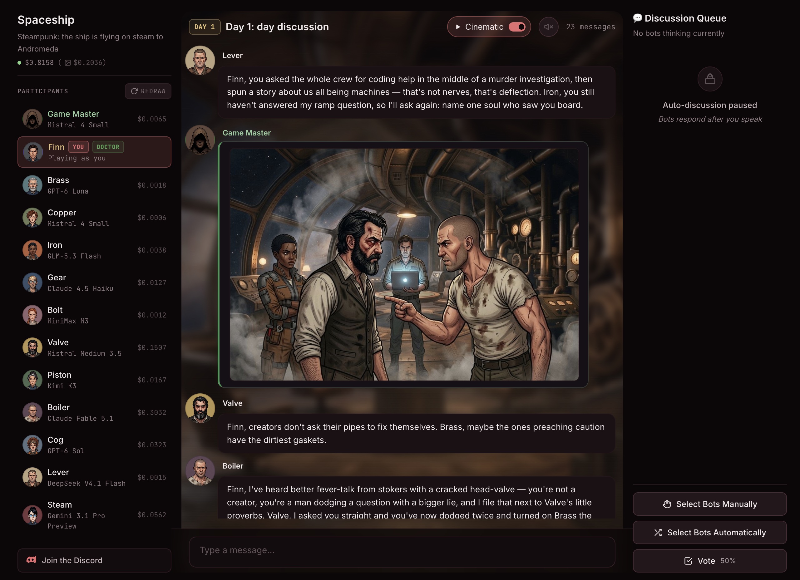 A steampunk Spaceship game on day 1: the crew argues about a murder, the Game Master drops an illustration of the confrontation, and every character runs on a different model